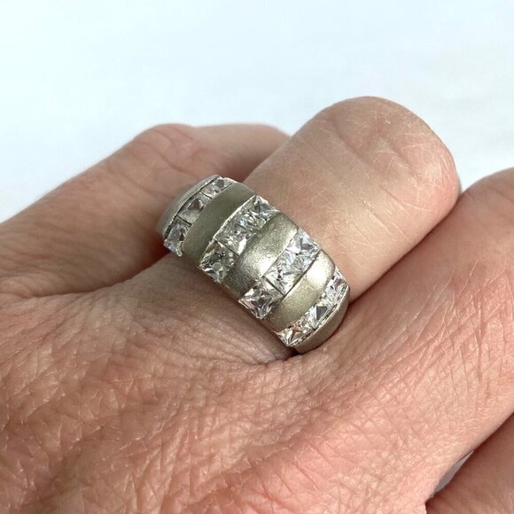 Brushed Sterling Silver 925 Channel Set Cubic Zirconia 4 Row Wide Band Ring Sz 7 - Picture 3 of 16